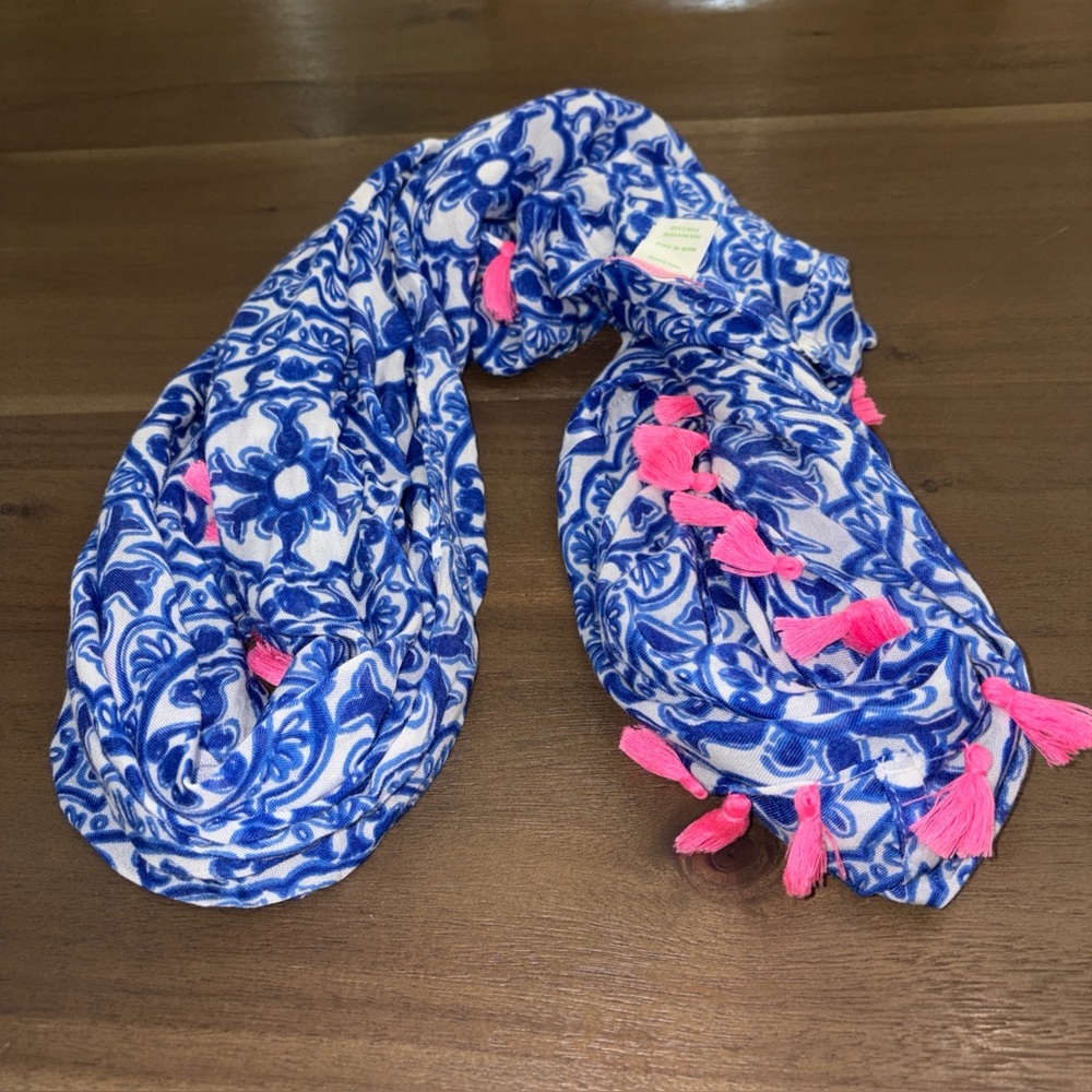 Lilly Pulitzer Blue and White Patterned infinity Scarf with Pink Tassels
